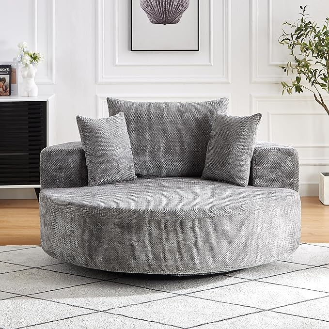 KEIKI 55" Oversized Swivel Accent Chair, Large Barrel Chairs Upholstered Round Swivel Chair, Chenille Single Sofa Armchair, Sleeper Chair for Living Room, Lounge, Grey