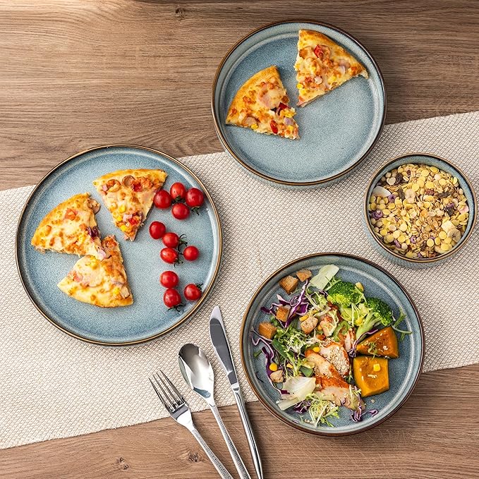 GBHOME Ceramic Dinnerware Sets With Double Bowl for 4, 16 Pieces Stoneware Plates and Bowls Set, Reactive Glaze Dishes -Scratch Resistant, Dishwasher&Microwave Safe