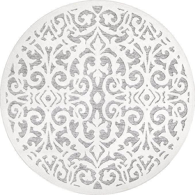 Orian My Texas House Lady Bird Rug 6.5ft Round High-Low Floral Indoor Outdoor, Natural Grey