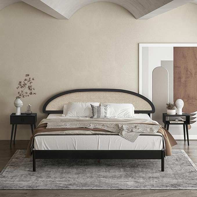 NTC Gem Wooden Bed Frame with Headboard and Natural Rattan, Solid Oak Foundation with Silent Slats, 1000 Lb Capacity, Effortless Assembly, King - Burnt Black
