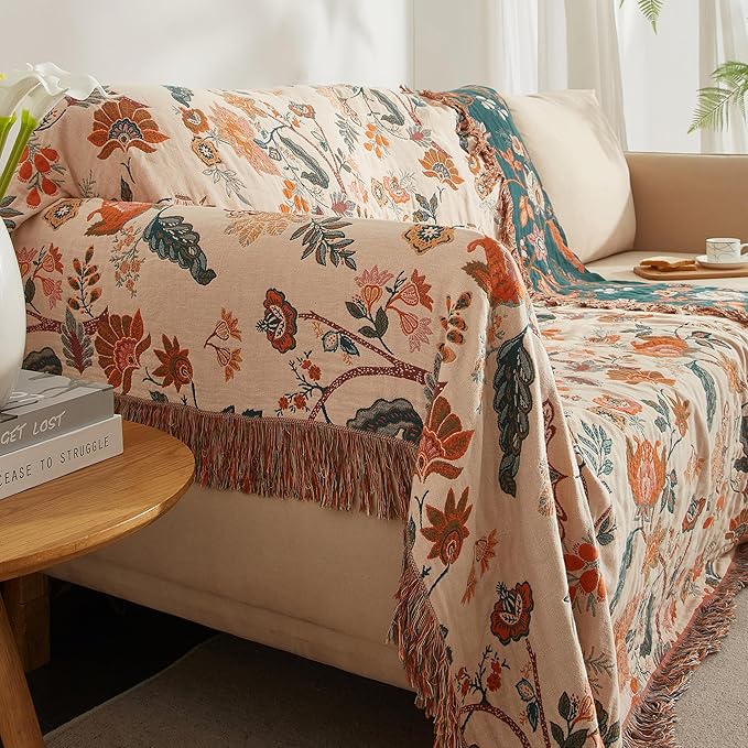 Boho Throw Blanket 100% Cotton Woven Ultra Soft 4-Layer Muslin Quilt Farmhouse Bed Blanket Cover 60"x80", Floral