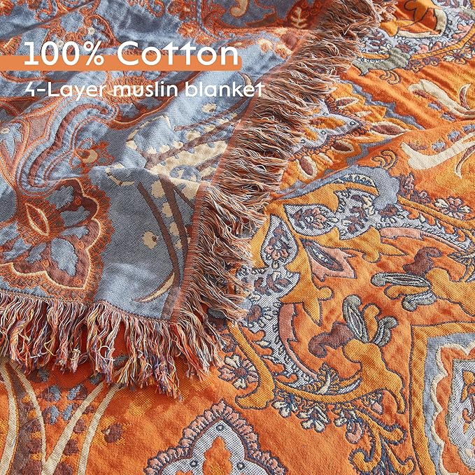 Boho Throw Blanket 100% Cotton Woven Ultra Soft 4-Layer Muslin Quilt Farmhouse Bed Blanket Cover 60"x80", Vintage Floral