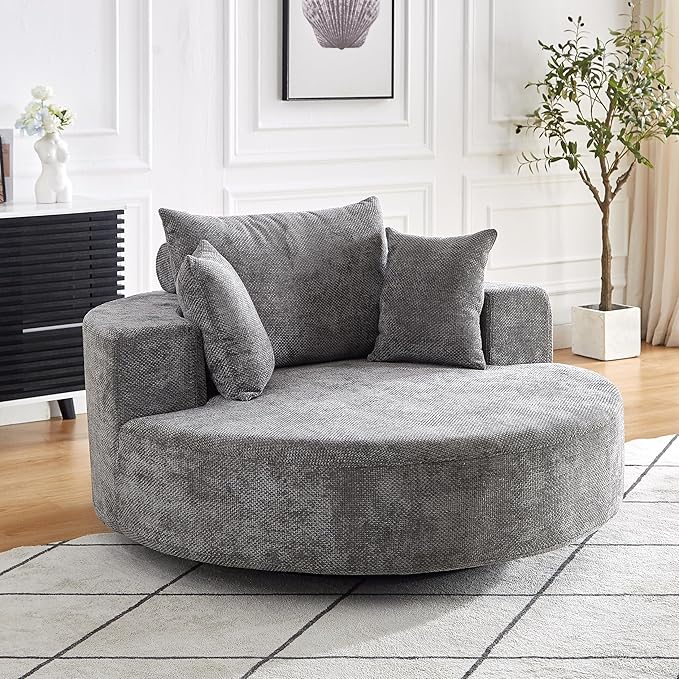 KEIKI 55" Oversized Swivel Accent Chair, Large Barrel Chairs Upholstered Round Swivel Chair, Chenille Single Sofa Armchair, Sleeper Chair for Living Room, Lounge, Grey