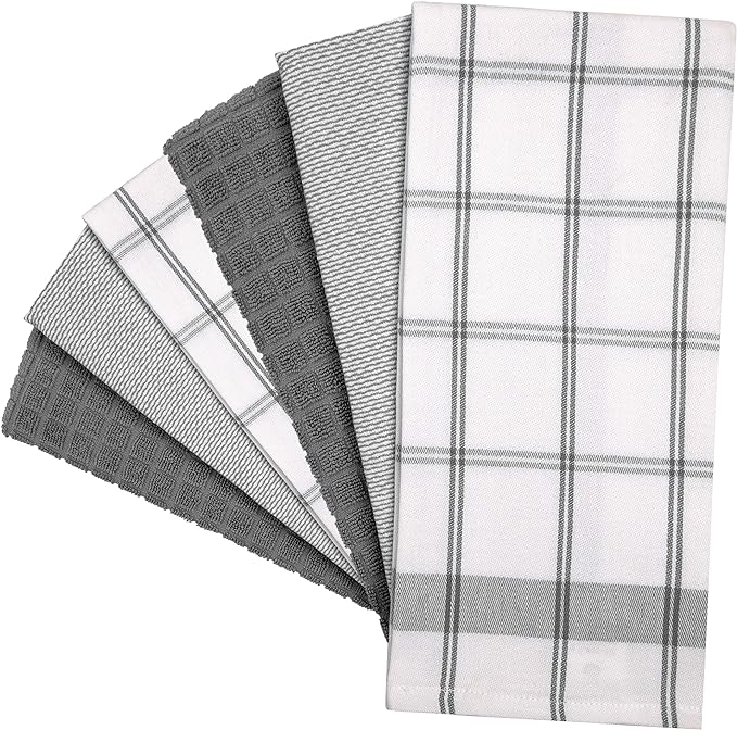 Premium Kitchen Dish Towels Set of 6 Large Cotton Hand Towels Absorbent Tea Towels, Grey Check