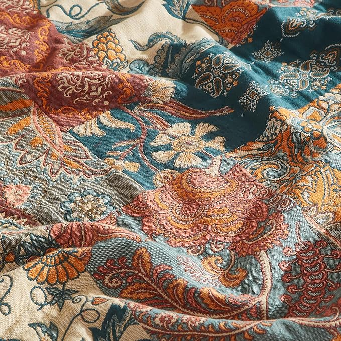 Boho Throw Blanket 100% Cotton Woven Ultra Soft 4-Layer Muslin Quilt Farmhouse Bed Blanket Cover 60"x80", Patchwork Floral