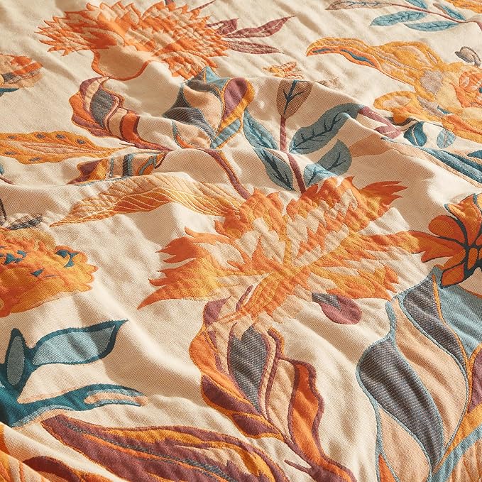 Boho Throw Blanket 100% Cotton Woven Ultra Soft 4-Layer Muslin Quilt Farmhouse Bed Blanket Cover 80"x90", Floral