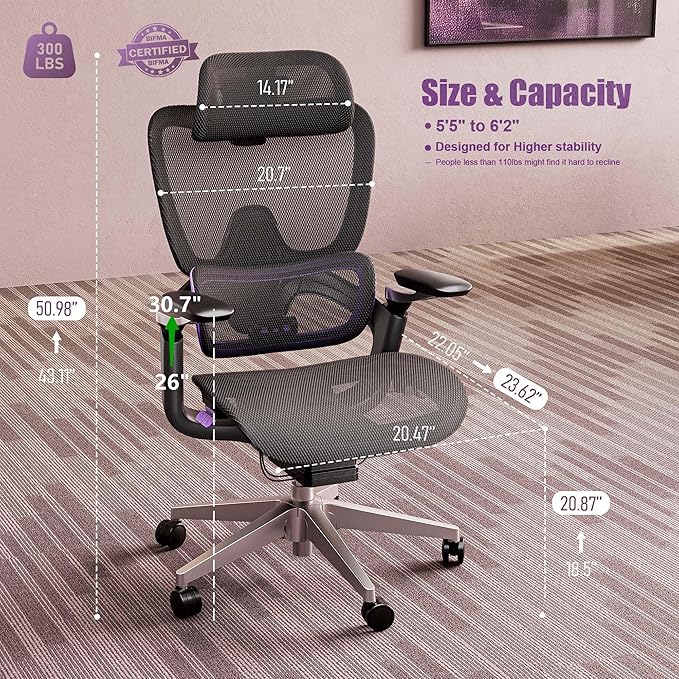 Ergonomic Office Chair, Mesh Home Desk Chair with Adjustable Lumbar Support, Big and Tall Gaming Chair with 4D Headrest, 5D Armrest,90-130°Tilt, BIFMA Certified, Model Zen (Purple)