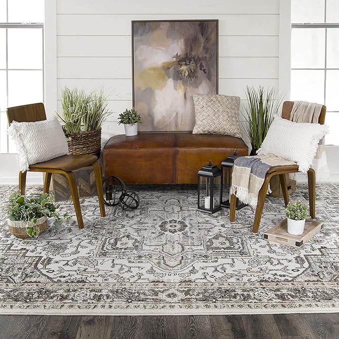 Orian Lone Star Belle Runner Rug 2x7.6 Traditional Floral Medallion, Natural Grey
