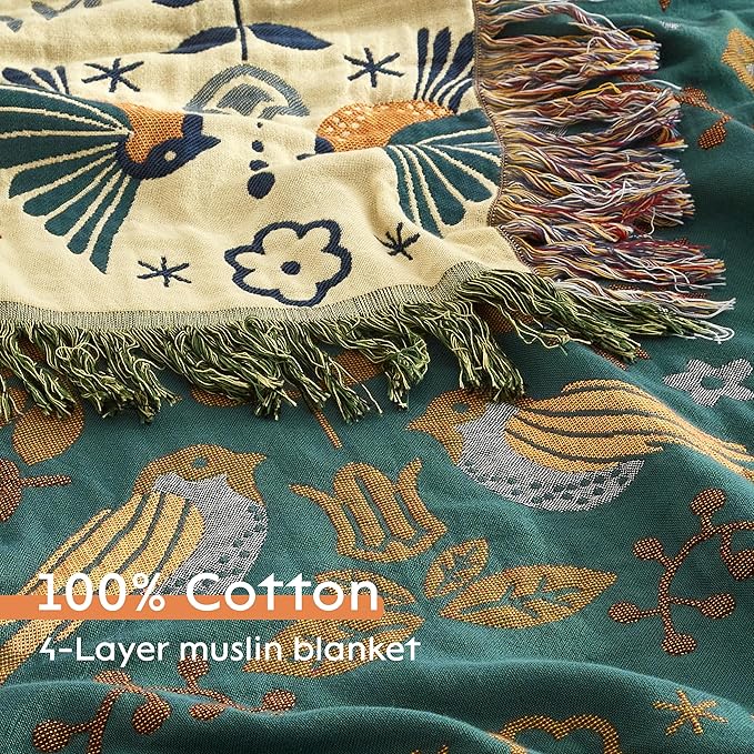 Boho Throw Blanket 100% Cotton Woven Ultra Soft 4-Layer Muslin Quilt Farmhouse Bed Blanket Cover 80"x90", Bird Floral