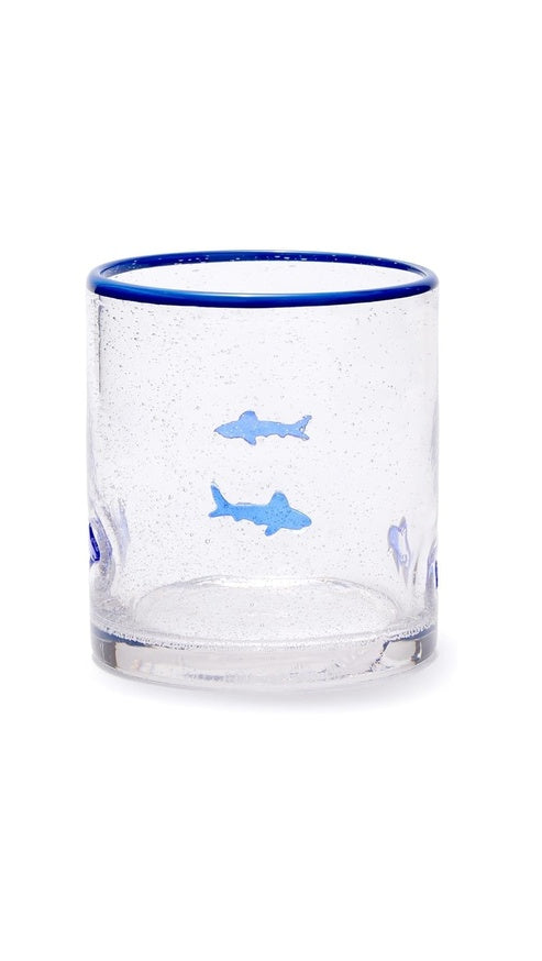 Two's Company Shark Clear Bubble Double Old Fashion Drinking Glass with Hand-Painted Rim, 16-Ounce