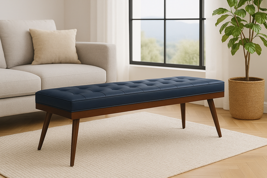 Poly & BARK 55" Tufted Leather Bed Bench for Bedroom End of Bed - Living Room Entry Way Bench - Pure Italian Leather Upholstery with a Solid Wood Frame - Ottoman Bench with Wooden Legs - Deepsky Blue