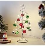 Lewondr Christmas Table Lamp, USB/Battery Powered Spiral Christmas Tree Desk Lamp with Star Topper, Decorative Christmas Tree Light with Red/Green Hanging Bells for Home Bedroom Xmas Party, Red/Green