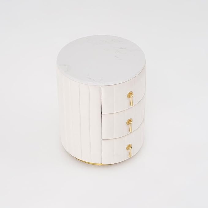 homary White Velvet Nightstand with 3 Drawers, Round Bedside Table with Sintered Stone Top, Modern Nightstand with Storage for Bedroom, End Table for Living Room