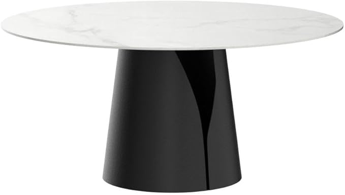 POVISON Modern Round Dining Table for 4, Marble Dining Room Table Round 47" Matte White Sintered Stone Tabletop with Solid Black Carbon Steel Pedestal, Circle Dining Table for Kitchen(Table Only)