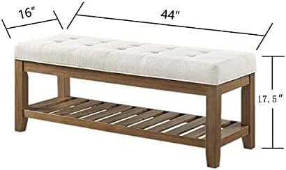 24KF Large Rectangular Upholstered Tufted Linen Ottoman Bench, Padded Bench with Solid Wood Shelf-Ivory