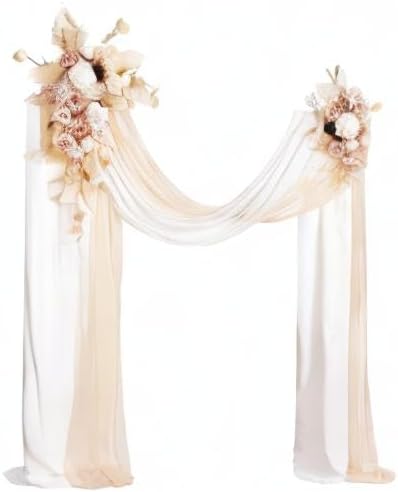 Ling's moment Spring Wedding Arch Flowers Kit Pack of 4, 2pcs Hanging Flower Arrangement 2pcs Chiffon Drapes Ceremony Fake Rose Arbor Backdrop Artificial Floral Outdoor Decorations, White Beige