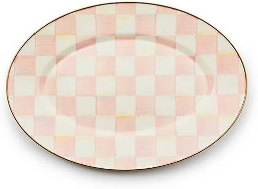 MACKENZIE-CHILDS Enamel Oval Platter, Serving Plate for Entertaining, Small, Pink-and-White Rosy Check