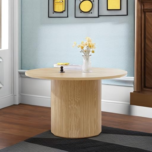Round Dining Table for 4, Modern Farmhouse Kitchen Table, 47 Inch Small Circle Dining Tables with Wood Strip Base for Kitchen Living Room (Natural)