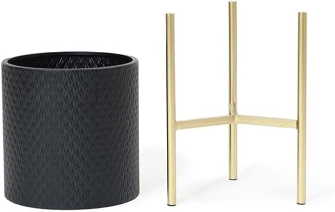 LuxenHome 2-Piece Diamond Pattern Round Metal Cachepot Planter Set, Black Planter with Gold Stands Set of 2 Indoor Plant Pots Large Floor Plant Pot for Plants, NOT Waterproof