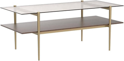 AGV LIGHTING Tadio Glass Coffee Table, Mid-Century Modern Coffee Table for Living Room, Gold Finish Leg, Coffee Brown Glass Top & Walnut Shelf, 41 in Length