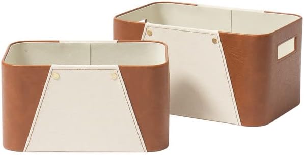 LA JOLIE MUSE Storage Baskets for Organizing, 2 Pack, Storage Cube Boxes Luxury Brown Vegan Leather and Beige Greige Fabric for Closet Shelf Cabinet Bookcase