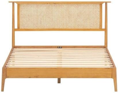NTC Ruby Wooden Bed Frame with Headboard and Natural Rattan, Solid Oak/Rubber Wood Foundation with Silent Slats, 1000 Lb Capacity, Effortless Assembly (Natural Cane - Rustic Oak, Queen)