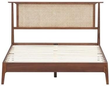 NTC Ruby Wooden Bed Frame with Headboard and Natural Rattan, Solid Oak/Rubber Wood Foundation with Silent Slats, 1000 Lb Capacity, Effortless Assembly (Natural Cane - Dark Walnut, Queen)