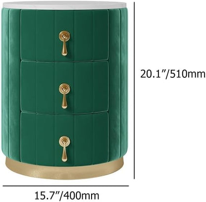 homary Green Velvet Nightstand with 3 Drawers, Round Bedside Table with Sintered Stone Top, Modern Nightstand with Storage for Bedroom, End Table for Living Room