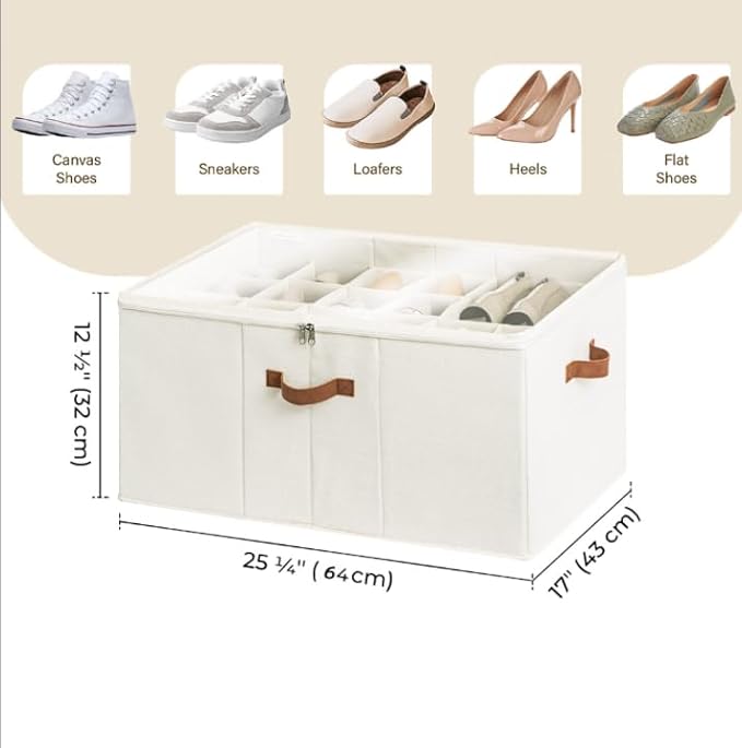 StorageWorks Shoe Organizer for Closet, Fits up to 24 Pairs, Shoe Cubby Storage Containers with Adjustable Dividers and Clear Cover, Beige