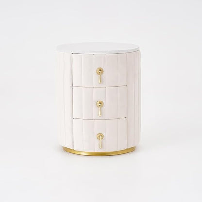 homary White Velvet Nightstand with 3 Drawers, Round Bedside Table with Sintered Stone Top, Modern Nightstand with Storage for Bedroom, End Table for Living Room
