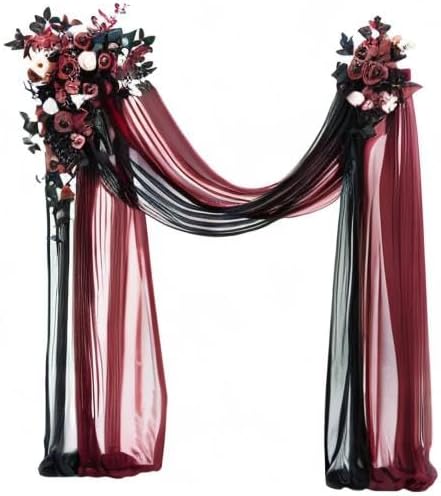 Ling's moment Black Red Artificial Wedding Arch Flowers Kit Pack of 4, 2pcs Hanging Flower Arrangement 2pcs Chiffon Drapes Ceremony Reception Fake Rose Arbor Backdrop Floral Party Outdoor Decorations