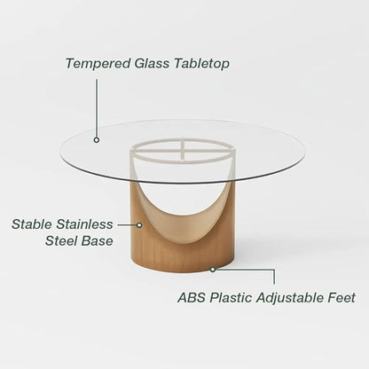 POVISON Round Dining Table for 4, 51" Glass Tabletop Dining Table with Bronze Carbon Steel Pedestal, Modern Dining Room Table for Kitchen, Living Room (Table Only)