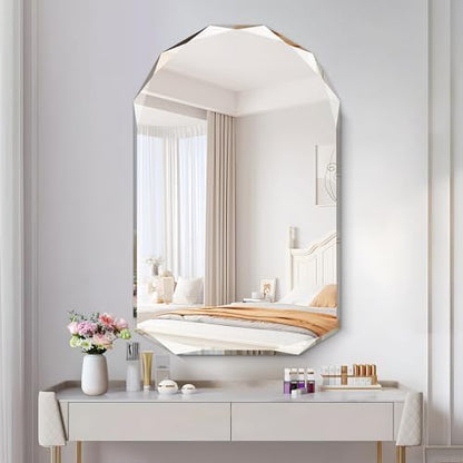 KOCUUY 30"x48" Frameless Wall Mirror, Arched Shape with Diamond-Shaped Beveled Edge,Unframed Decorative with Upgraded Shatterproof Glass,Unique Frameless Mirror for Bathroom,Living Room,Bedroom