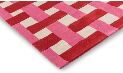 Hand-Tufted Wool Checkered Area Rug 5x8 Ft – Pink Red Basketweave Carpet for Living Room, Bedroom, Playroom – Soft Plush Texture, Modern Artistic Floor Décor