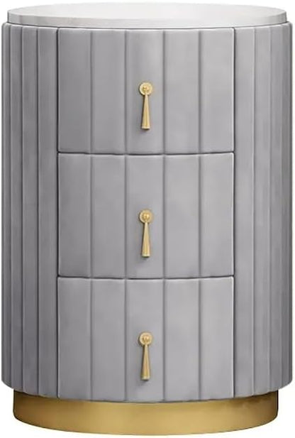 homary Gray Velvet Nightstand with 3 Drawers, Round Bedside Table with Sintered Stone Top, Modern Nightstand with Storage for Bedroom, End Table for Living Room