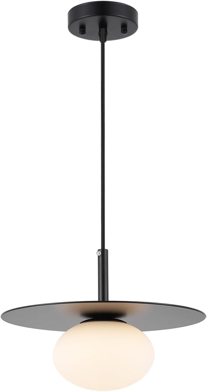 Modern Globe Pendant Lighting Milky White Glass Shade Matte Black Farmhouse Pendant Light 11.81" Dome Industrial Mid Century Hanging Ceiling Light Fixture Kitchen Island Dinning Room Bedroom