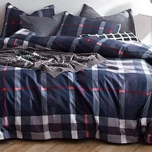 CLOTHKNOW Navy Plaid California King Comforter Set Tartan Bedding Comforter Sets All Season Soft Blue White Grey Grid Comforter with 2 x Pillow Cases