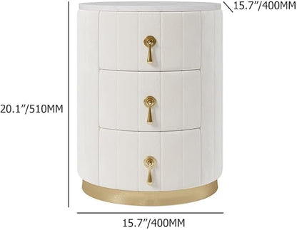 homary White Velvet Nightstand with 3 Drawers, Round Bedside Table with Sintered Stone Top, Modern Nightstand with Storage for Bedroom, End Table for Living Room
