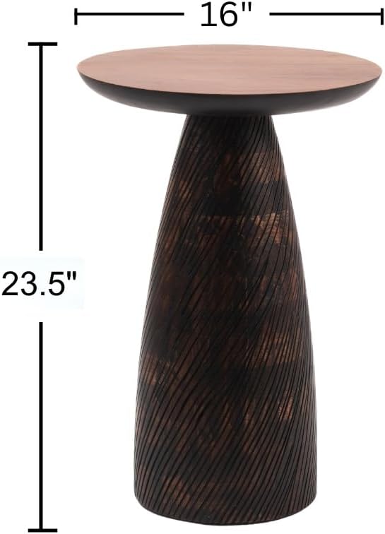 Mid-Century Farmhouse Cottagecore Accent Drink Table, Round Solid Mango Wood Accent Table with Carved Cone Base Minimalist Design for Small Spaces, Living Room, Bedroom or Entryway, Walnut, Assembled