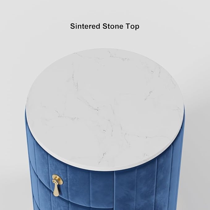 homary Blue Velvet Nightstand with Storage, Round Bedside Table with 3 Drawers, Stone Top Night Table for Bedroom, End Tables for Living Room
