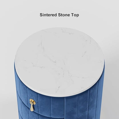 homary Blue Velvet Nightstand with Storage, Round Bedside Table with 3 Drawers, Stone Top Night Table for Bedroom, End Tables for Living Room