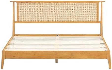 NTC Ruby Wooden Bed Frame with Headboard and Natural Rattan, Solid Oak/Rubber Wood Foundation with Silent Slats, 1000 Lb Capacity, Effortless Assembly (Natural Cane - Rustic Oak, King)