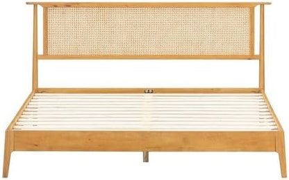 NTC Ruby Wooden Bed Frame with Headboard and Natural Rattan, Solid Oak/Rubber Wood Foundation with Silent Slats, 1000 Lb Capacity, Effortless Assembly (Natural Cane - Rustic Oak, King)