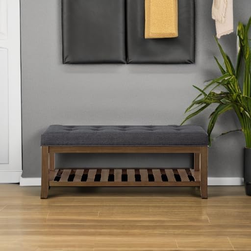 24KF Large Rectangular Upholstered Tufted Linen Fabric Ottoman Bench, Padded Bench with Solid Wood Shelf-Charcoal
