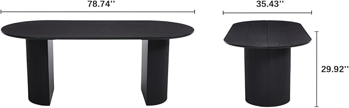 79" Modern Oval Dining Table, Farmhouse Round Wood Kitchen & Dining Room Table for 4-6 Seats, Wooden Strip Base, Home Desk with Easy-Clean Tabletop, Black
