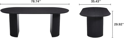 79" Modern Oval Dining Table, Farmhouse Round Wood Kitchen & Dining Room Table for 4-6 Seats, Wooden Strip Base, Home Desk with Easy-Clean Tabletop, Black