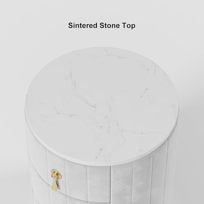 homary Gray Velvet Nightstand with 3 Drawers, Round Bedside Table with Sintered Stone Top, Modern Nightstand with Storage for Bedroom, End Table for Living Room