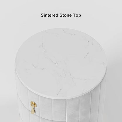 homary Gray Velvet Nightstand with 3 Drawers, Round Bedside Table with Sintered Stone Top, Modern Nightstand with Storage for Bedroom, End Table for Living Room
