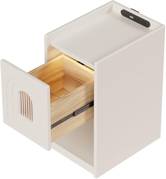 homary Modern Narrow White Nightstand with USB Port & Sensor Light, Smart Bedside Table with Charging Station for Bedrooms Living Rooms