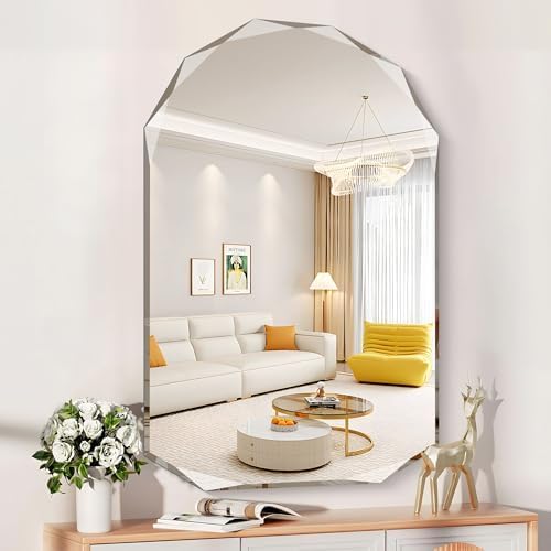 KOCUUY 30"x48" Frameless Wall Mirror, Arched Shape with Diamond-Shaped Beveled Edge,Unframed Decorative with Upgraded Shatterproof Glass,Unique Frameless Mirror for Bathroom,Living Room,Bedroom